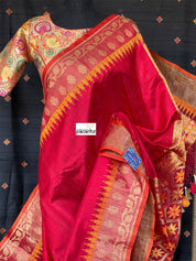 Tussar Silk Banarasi - Red Yellow Paithani Border