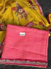 Designer Crepe Georgette Sequin Floral  - Yellow Red Pink