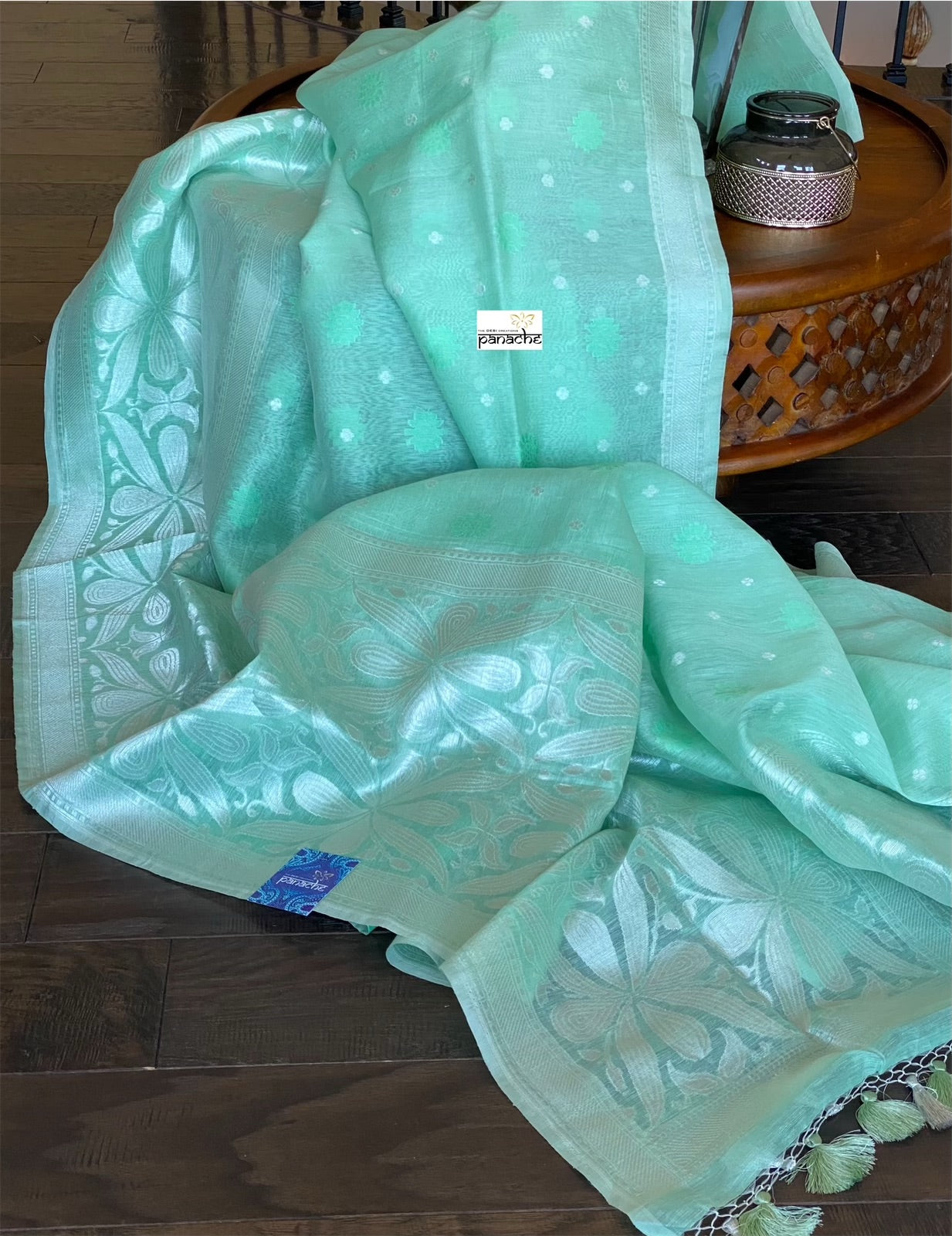 Linen Silk Banarsi - Mint Green Silver Zari