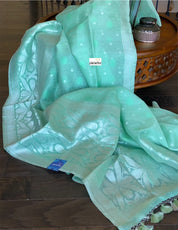 Linen Silk Banarsi - Mint Green Silver Zari