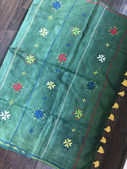 Pure Tussar Silk - Bottle Green Yellow Printed Kantha Stitch