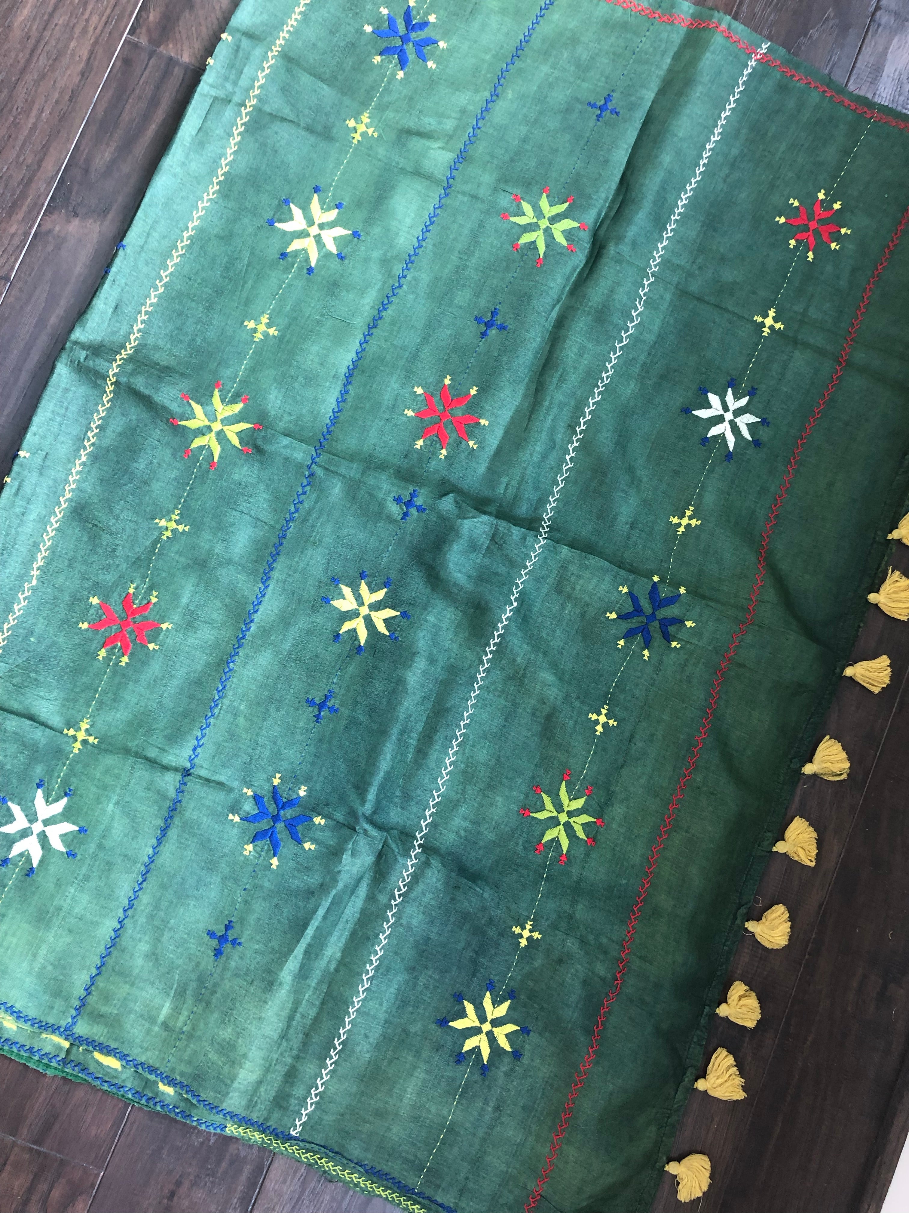 Pure Tussar Silk - Bottle Green Yellow Printed Kantha Stitch