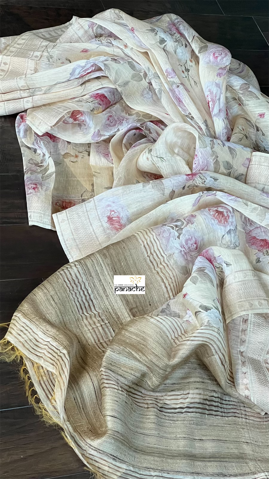 Floral Linen Silk Banarasi - Light Wheat Digital Printed