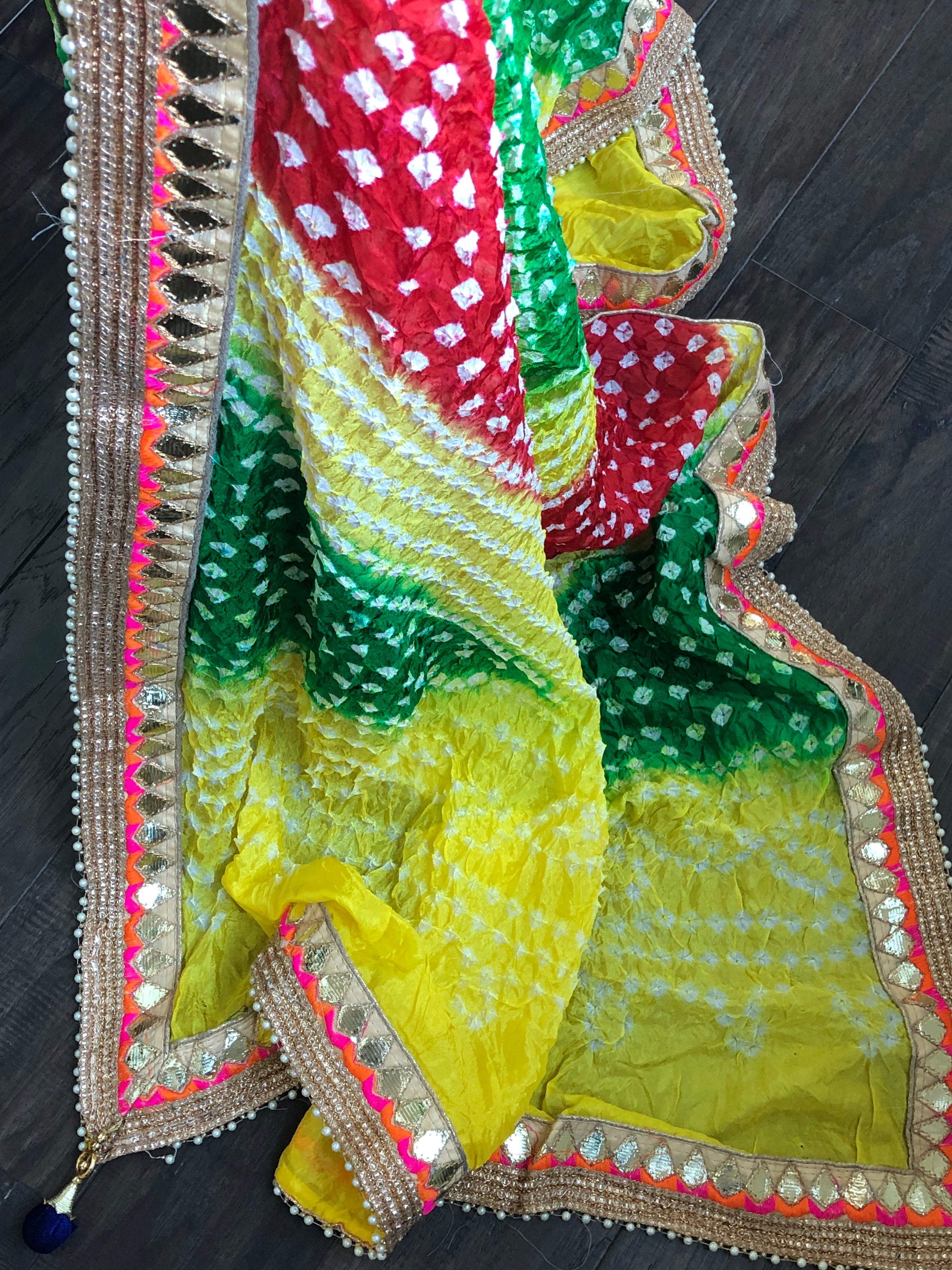 Bandhej Dupatta - Yellow Green Red