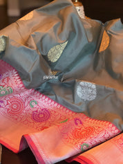 Pure Katan Silk Benarasi - Grey Golden Silver Zari