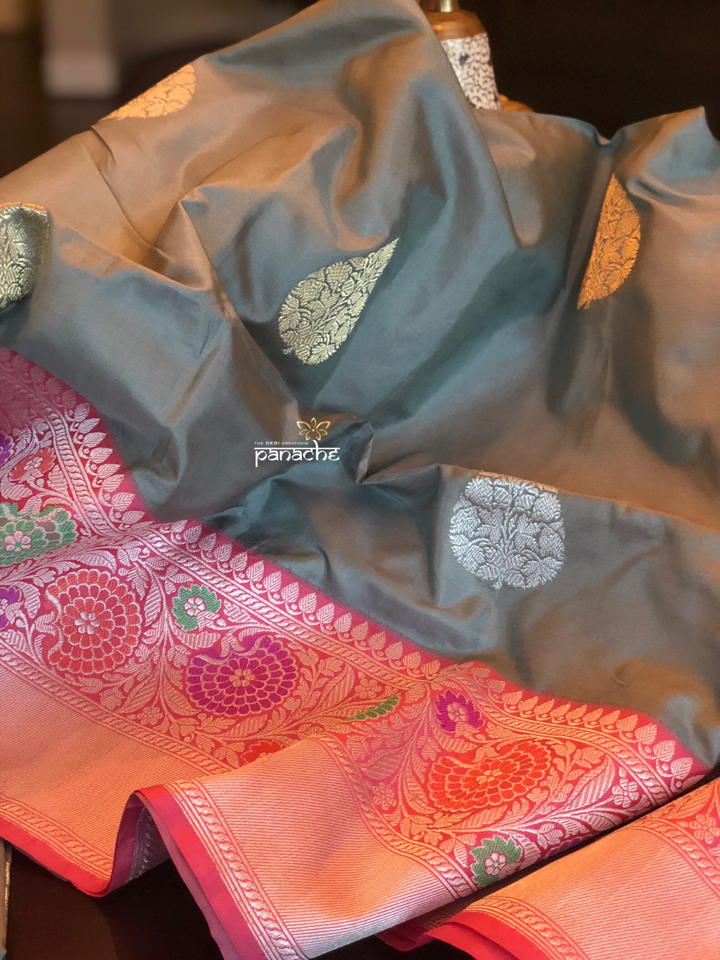 Pure Katan Silk Benarasi - Grey Golden Silver Zari