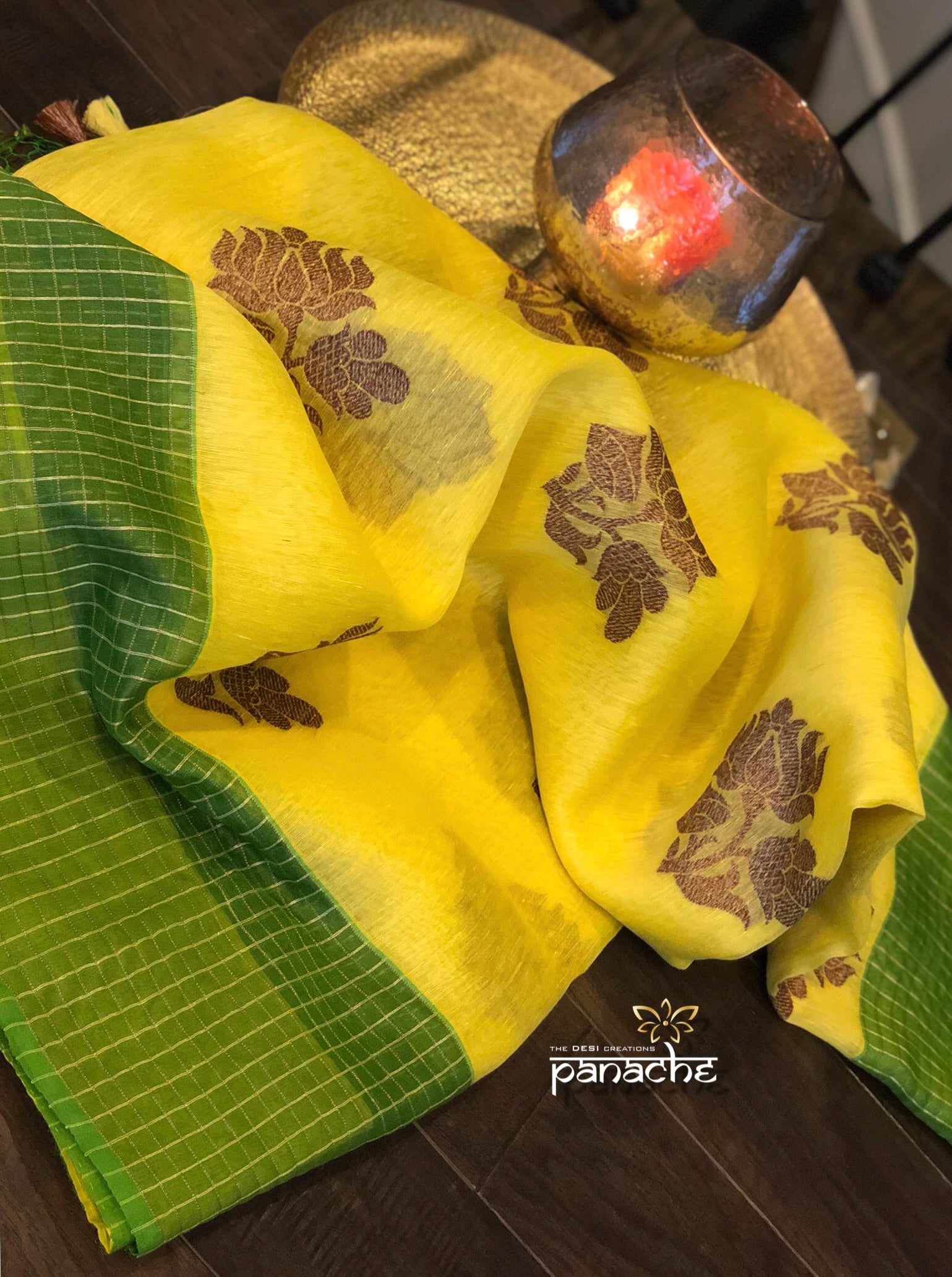 Linen Silk Banarasi - Yellow Green Antique Lotus