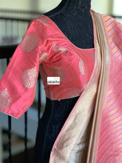 Pure Katan Silk Benarasi - Ivory Pink Golden Silver Zari