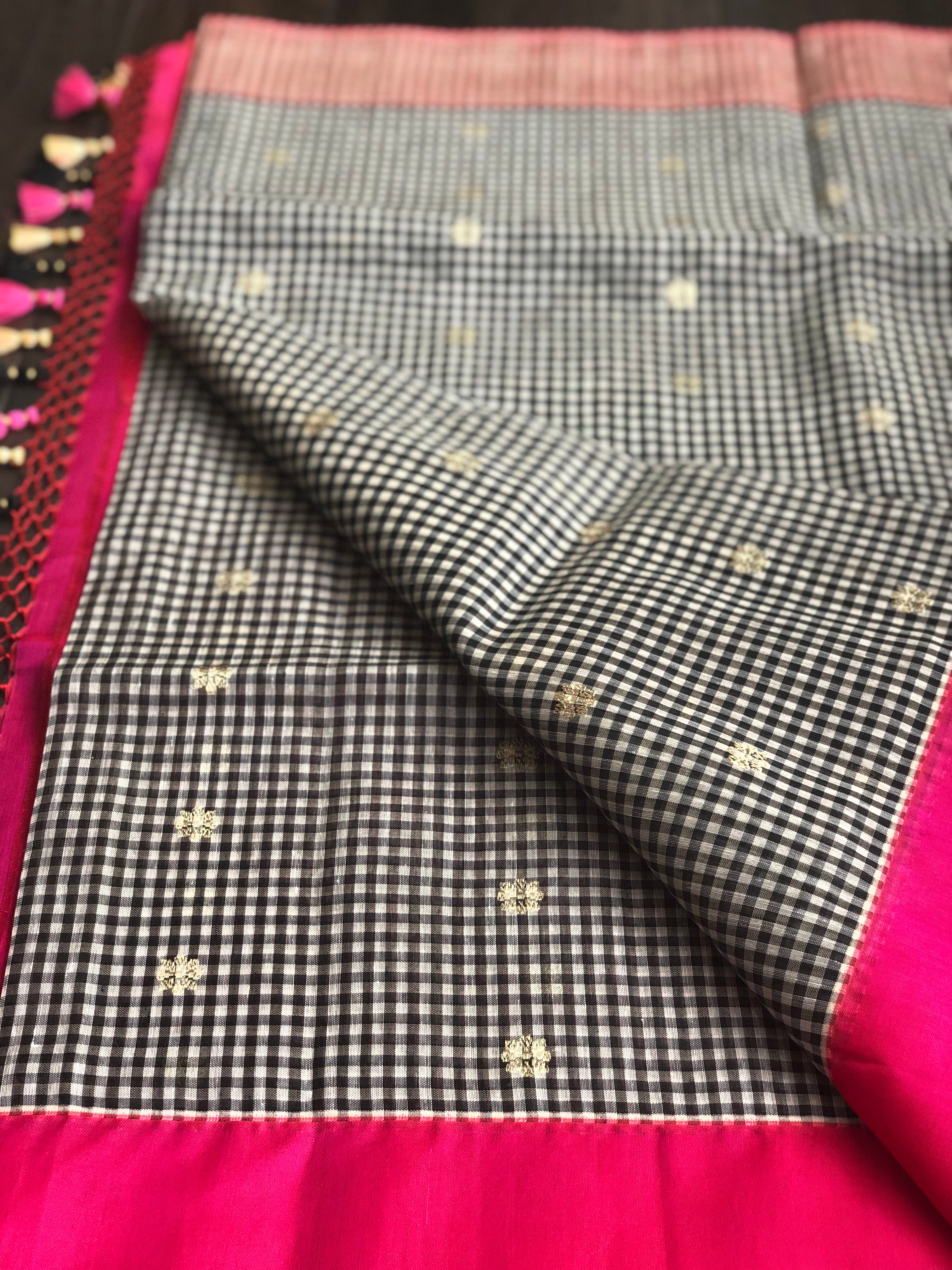 Kora Linen Silk Banarsi - Black White Checks Pink