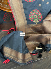 Tussar Silk Banarasi - Black Red Meenakari