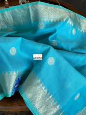 Pure Malmal Cotton Banarasi - Firozi Blue Kadwa Zari Woven