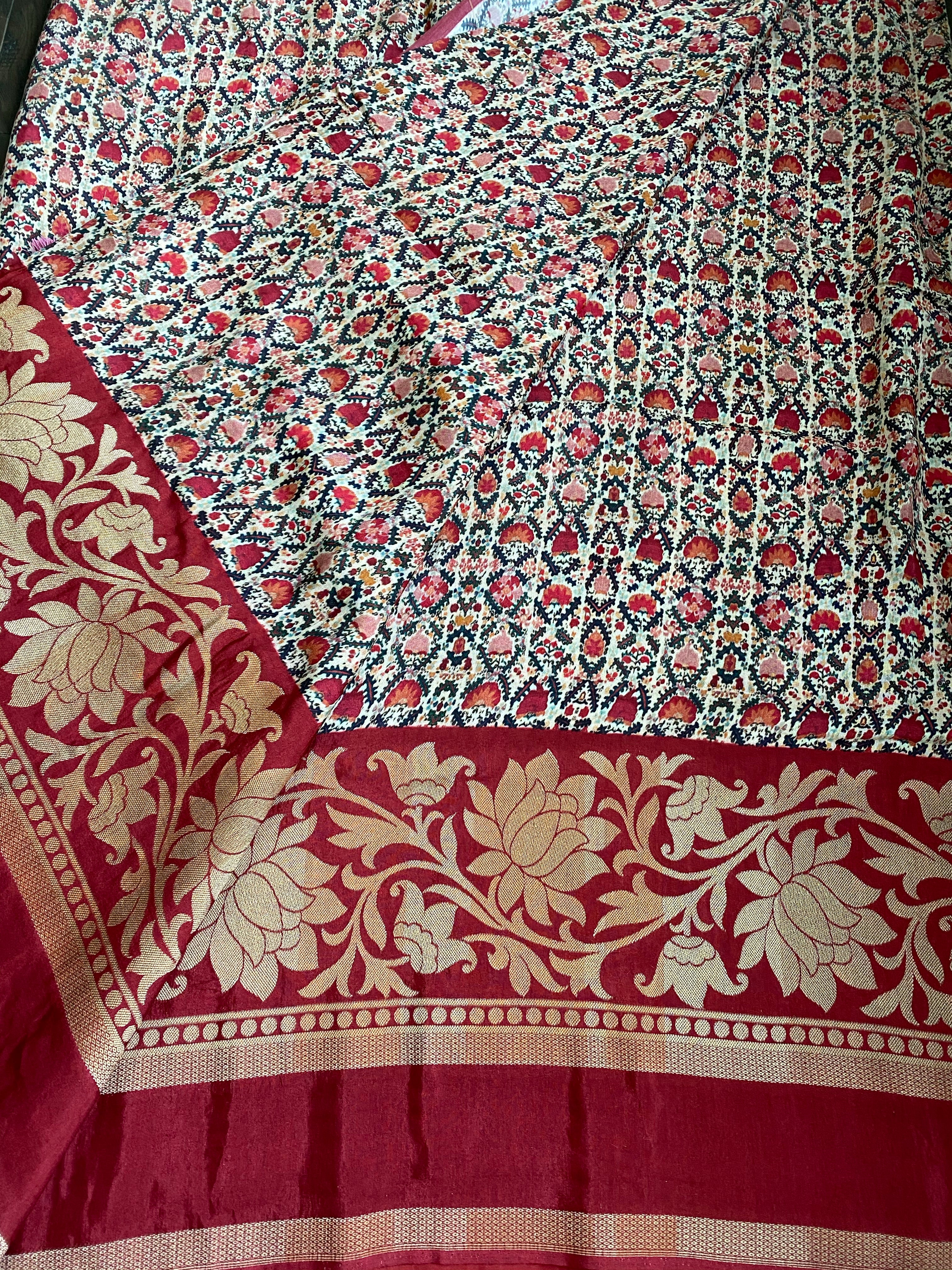 Designer Crepe Silk  - Offwhite Maroon