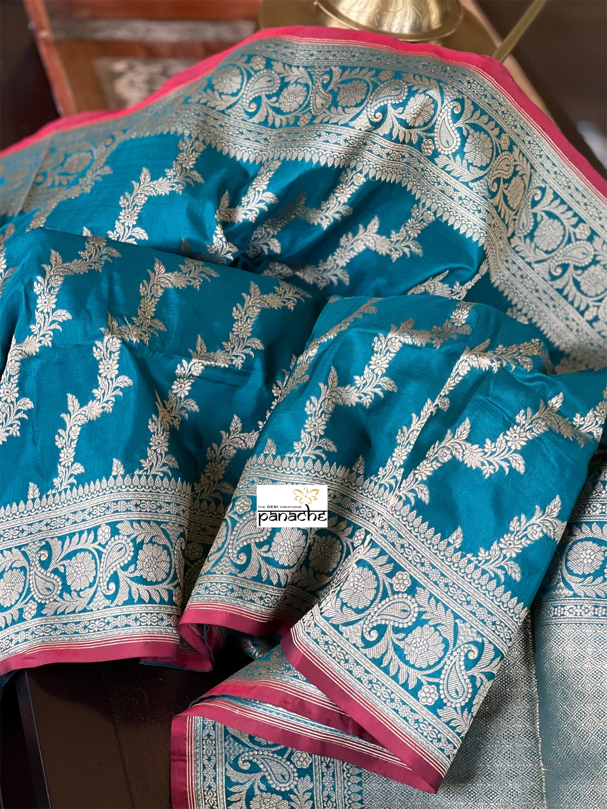 Katan Silk Jaal Banarasi - Teal Blue Antique Zari