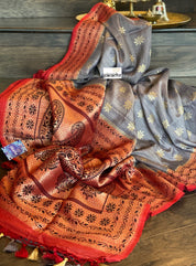 Tussar Georgette Banarasi- Grey Maroon Black
