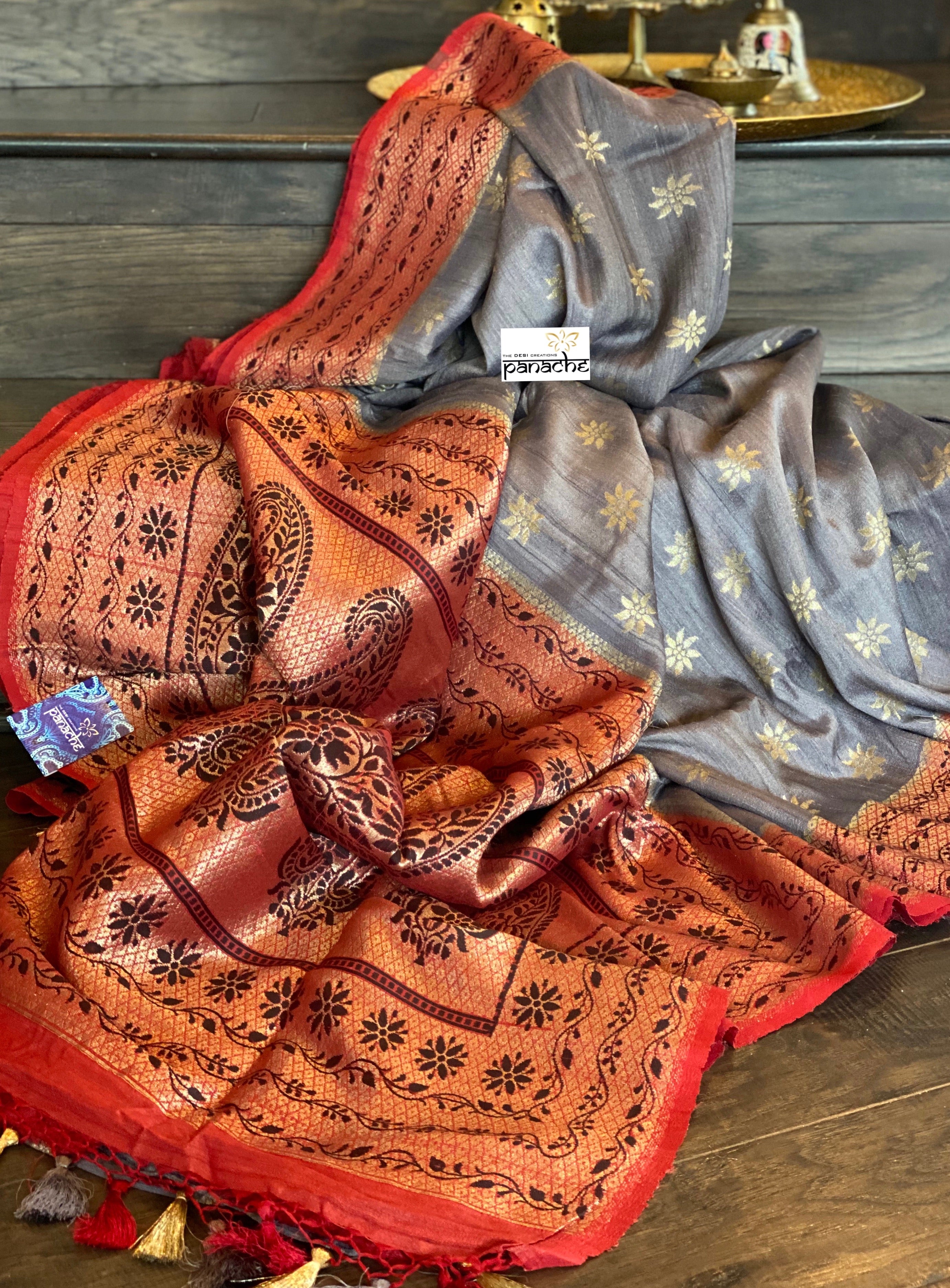 Tussar Georgette Banarasi- Grey Maroon Black