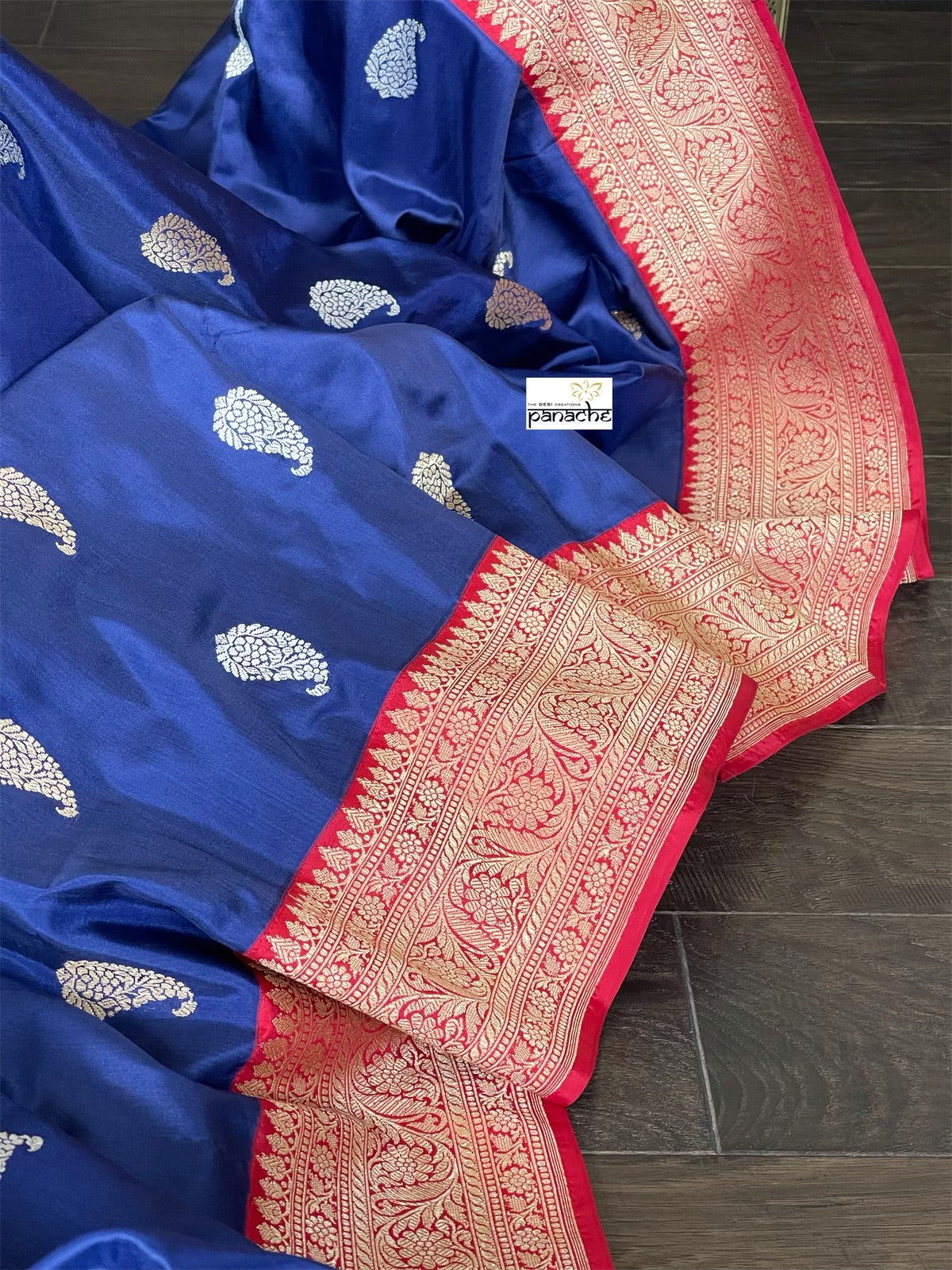 Pure Silk Katan Banarasi - Navy Blue Red Kadhwa