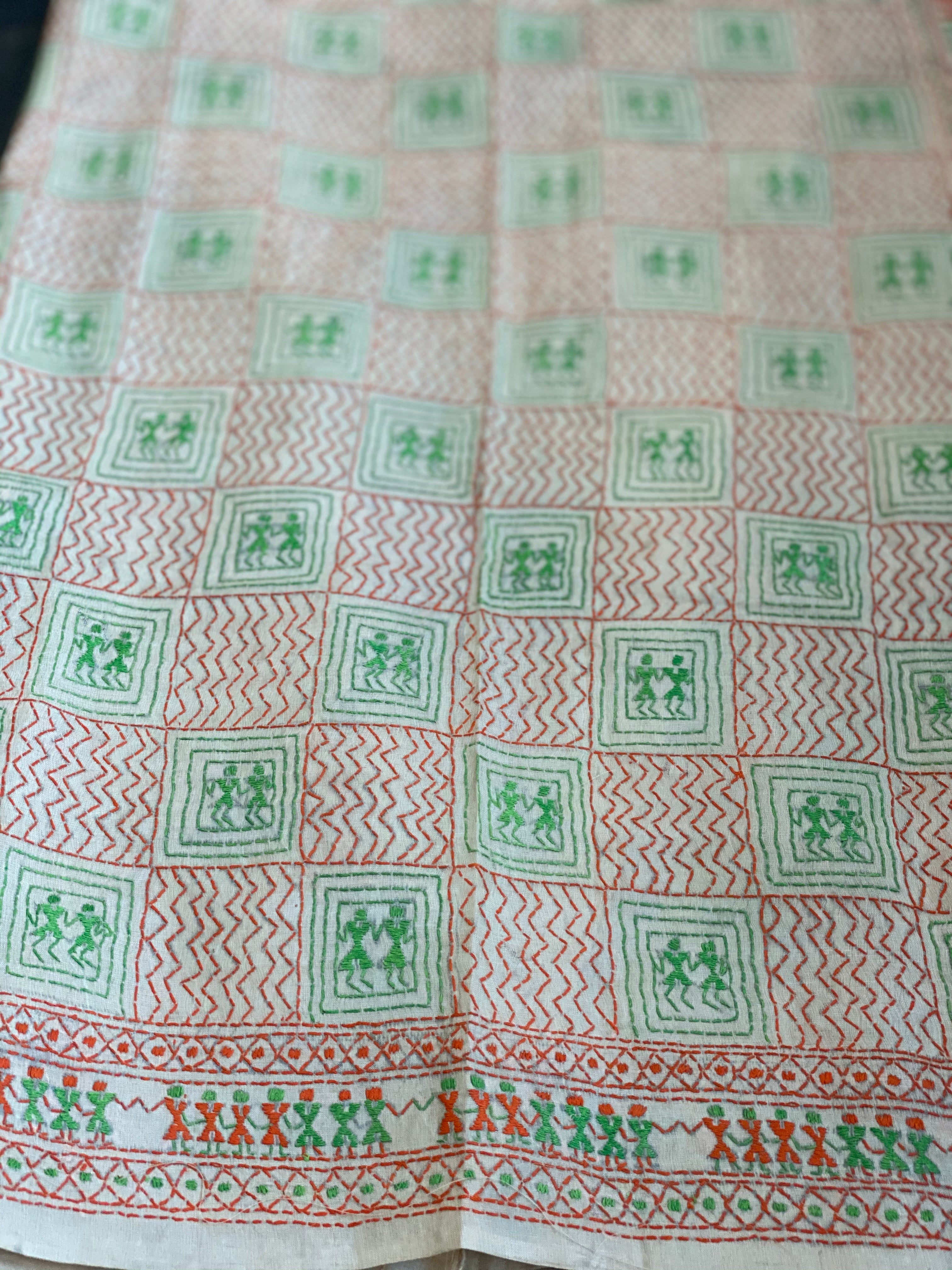 Pure Gachi Tussar Silk Kantha Stitch -  Beige Orange Green Worli