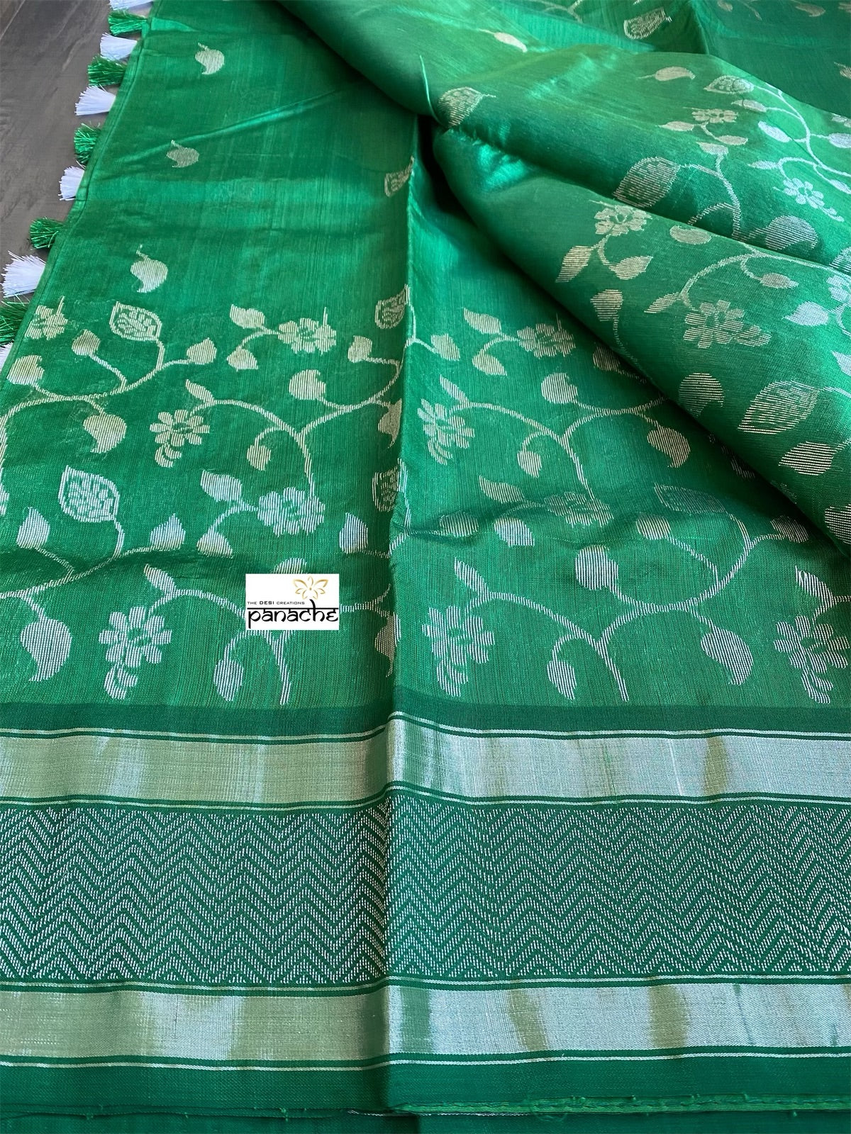 Pure Chanderi Silk - Green Silver Zari