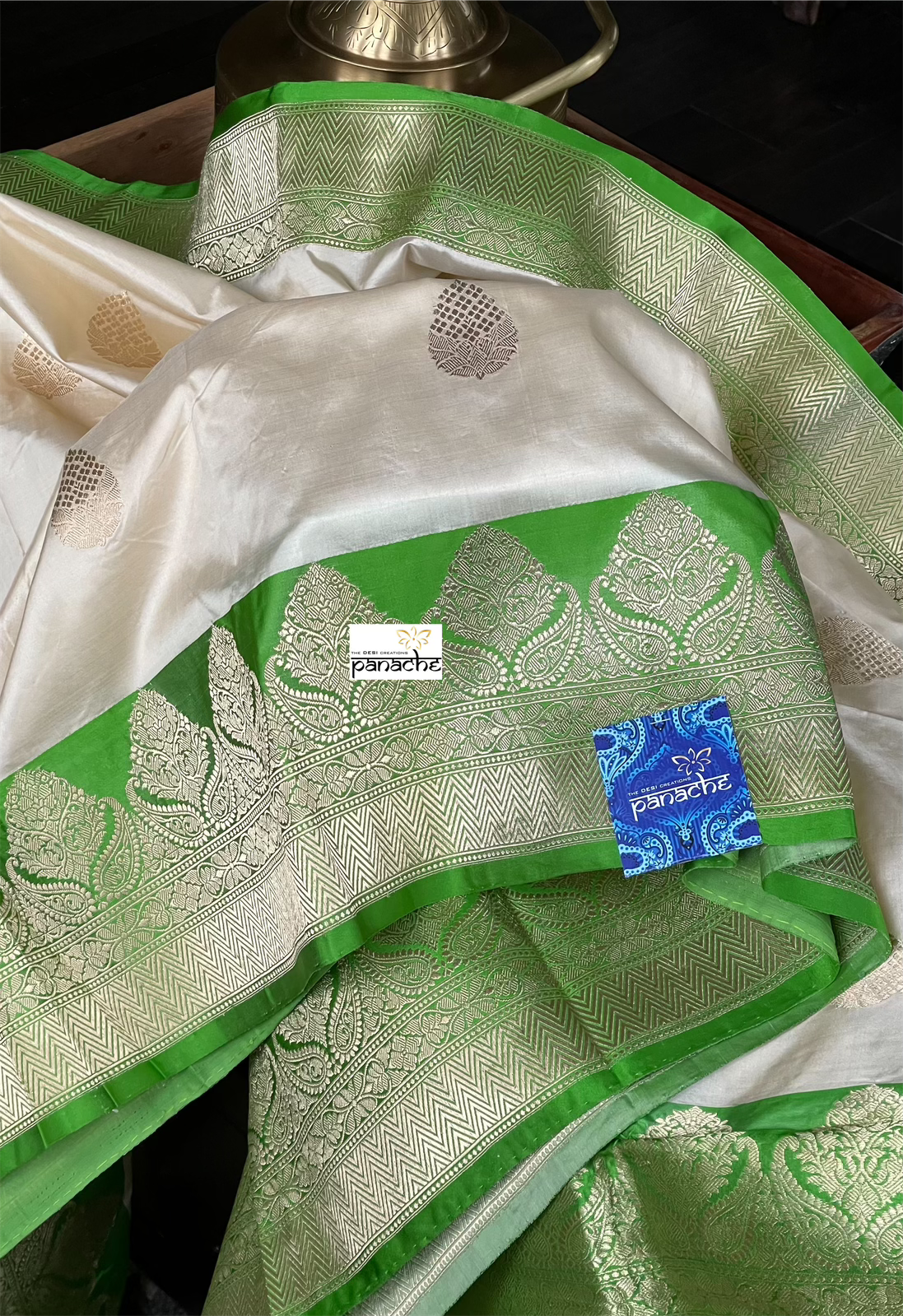 Pure Katan Silk Banarasi - Cream Parrot Green