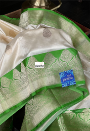 Pure Katan Silk Banarasi - Cream Parrot Green