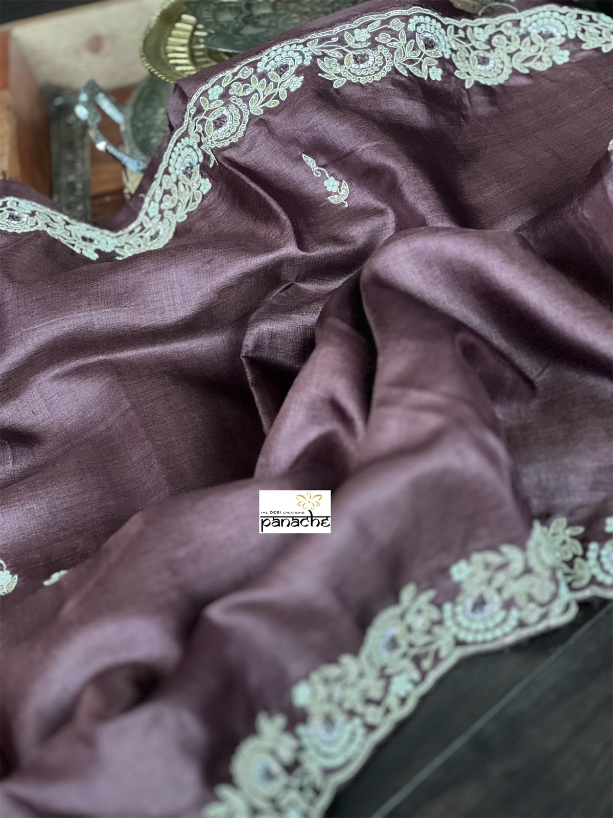 Designer Tussar Silk - Dark Coffee Brown Hand Embroidered