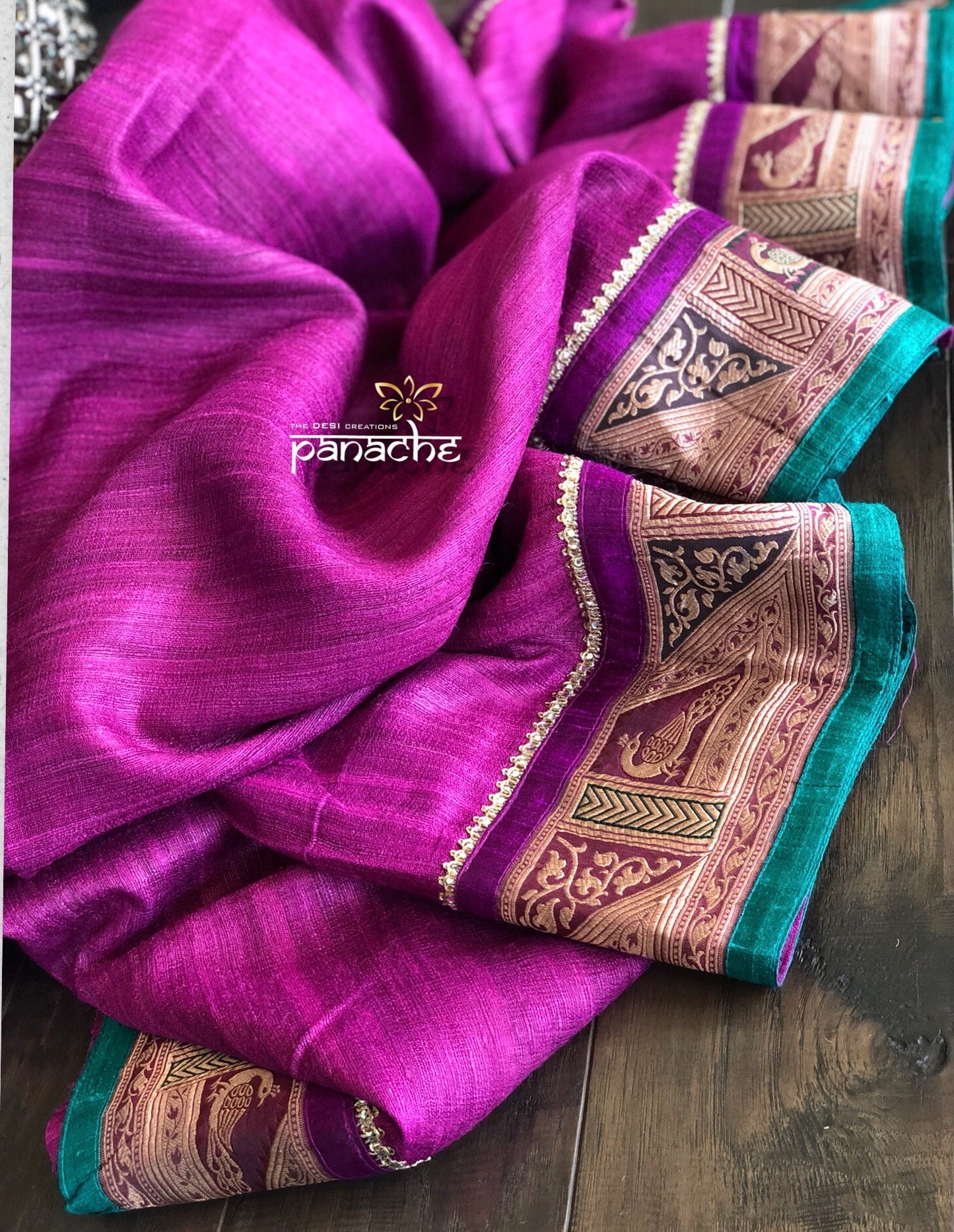 Designer Tussar Silk - Purple Banarasi Border