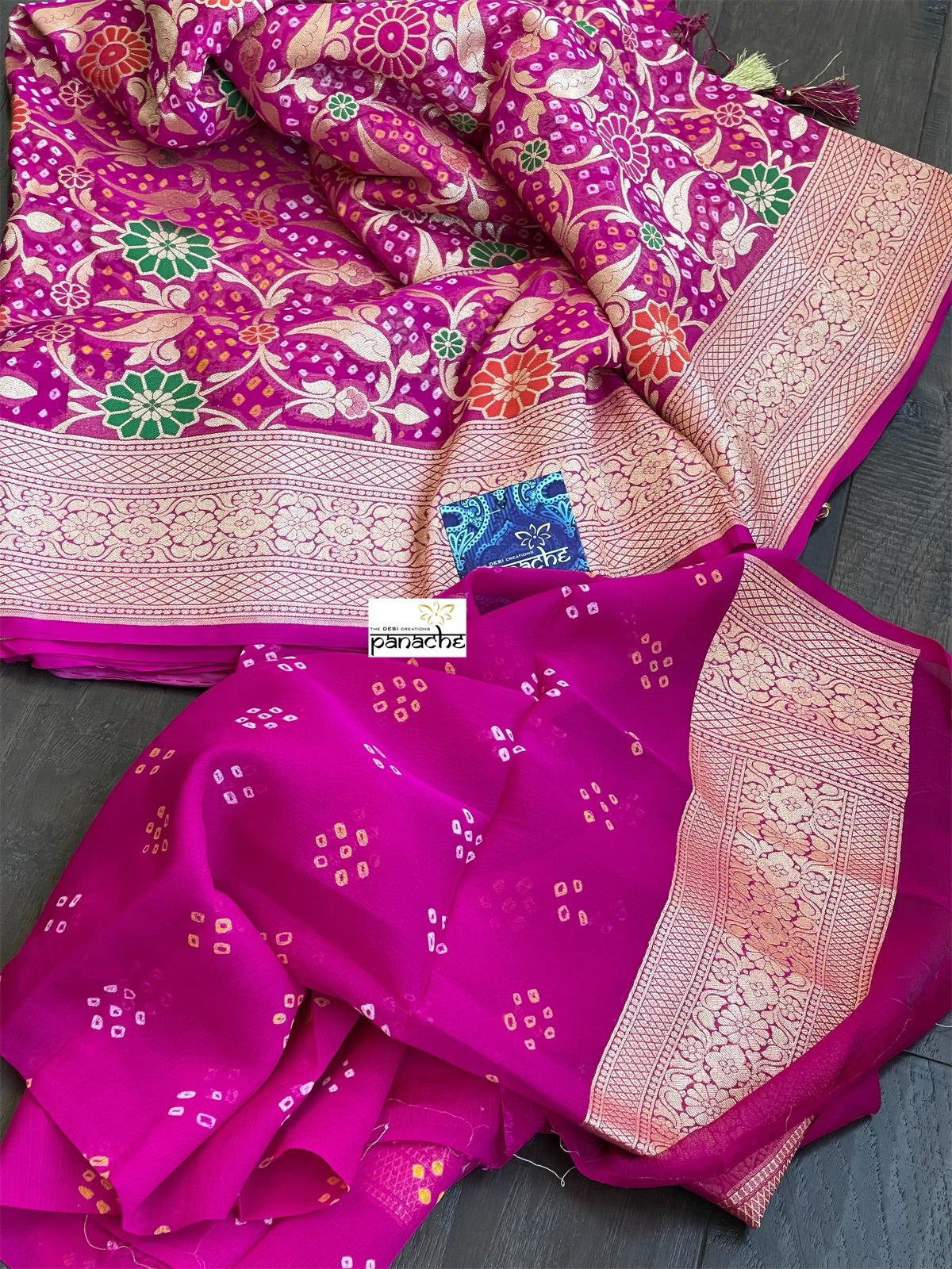 Bandhej Khaddi Georgette Banarasi - Magenta Pink