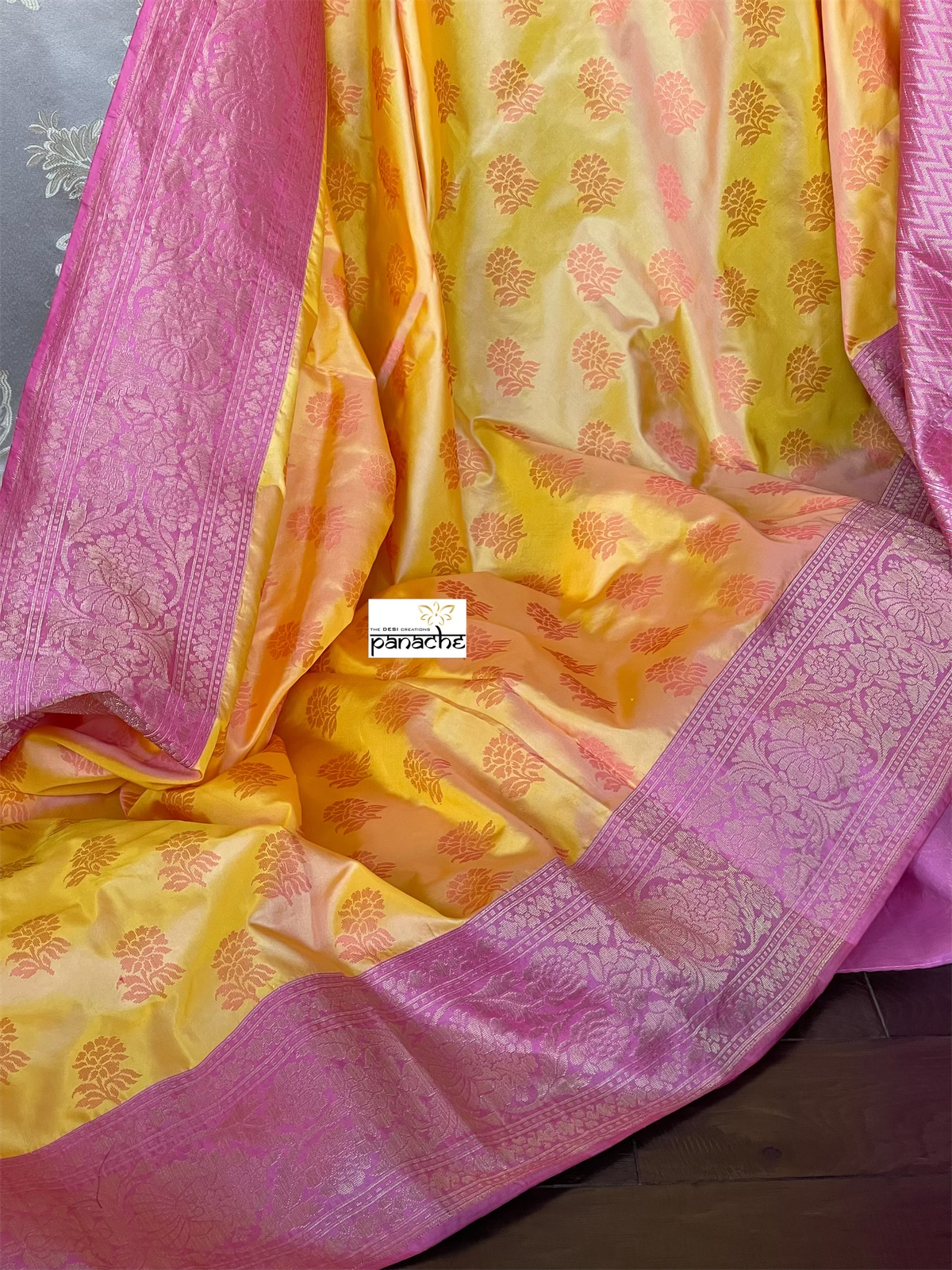 Silk Banarasi - Yellow Pink Resham Woven