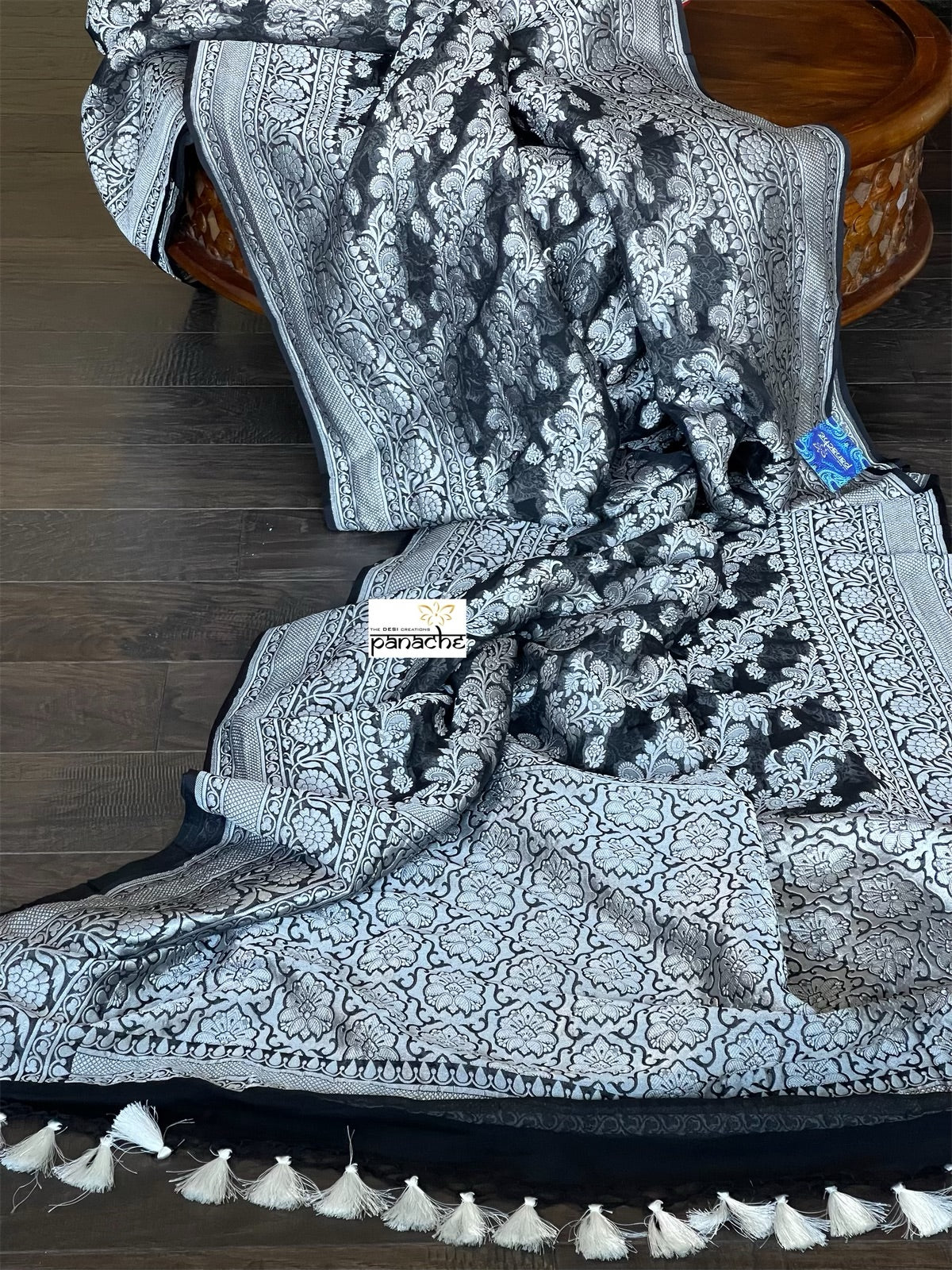 Khaddi Georgette Banarasi - Black Silver Zari