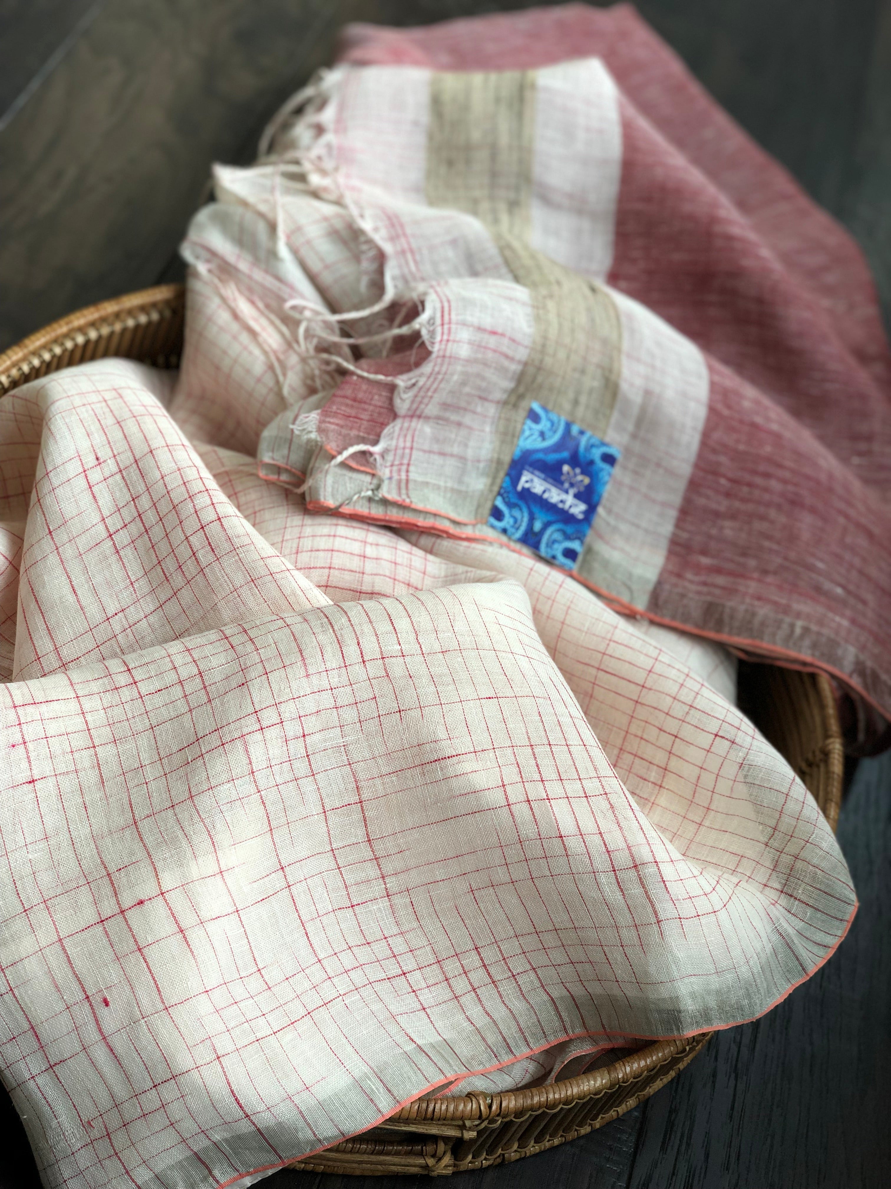 Linen Handloom - Off White Maroon Silver Zari