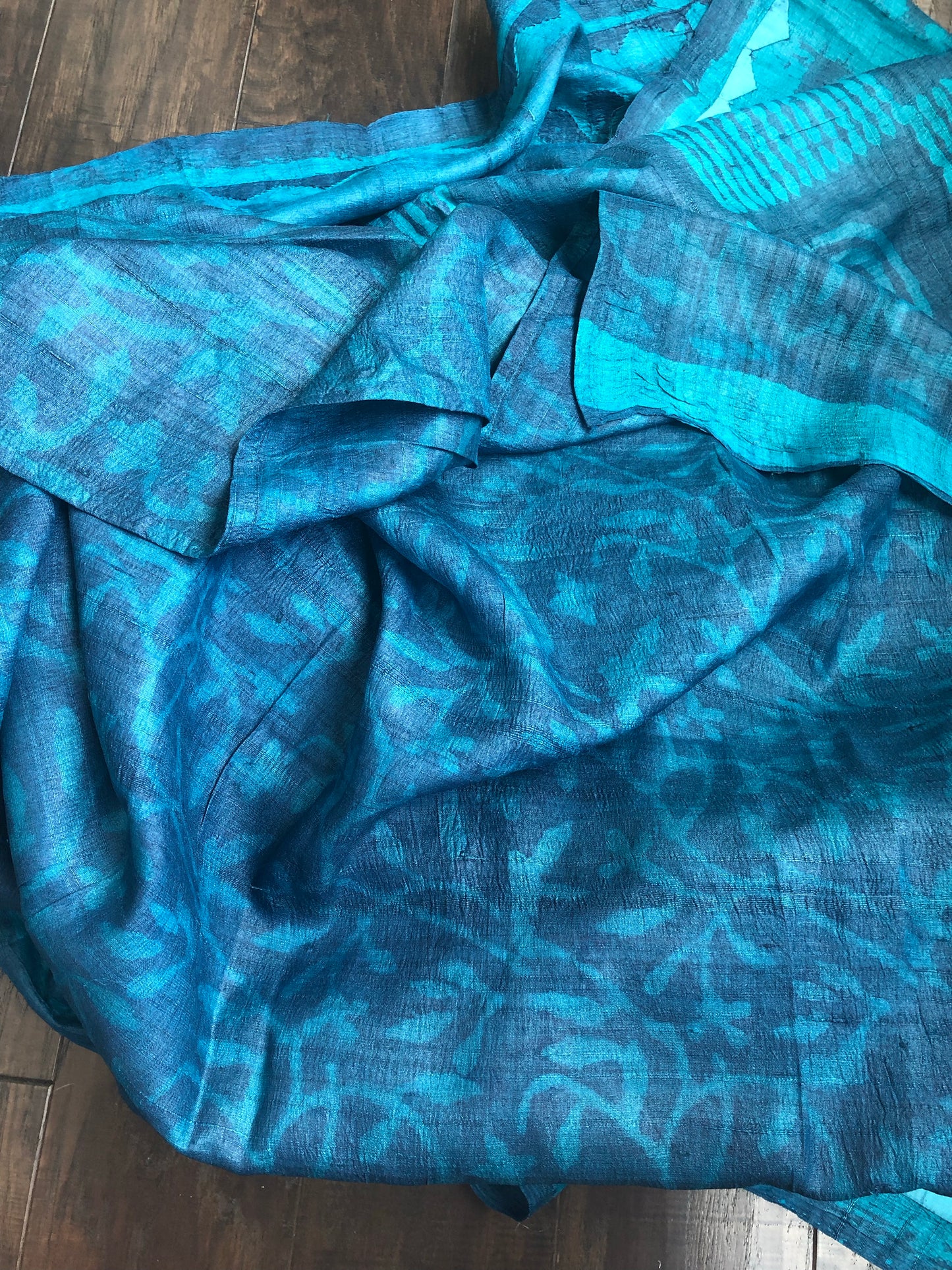 Pure Tussar Silk - Blue Firozi Printed and Appliqué