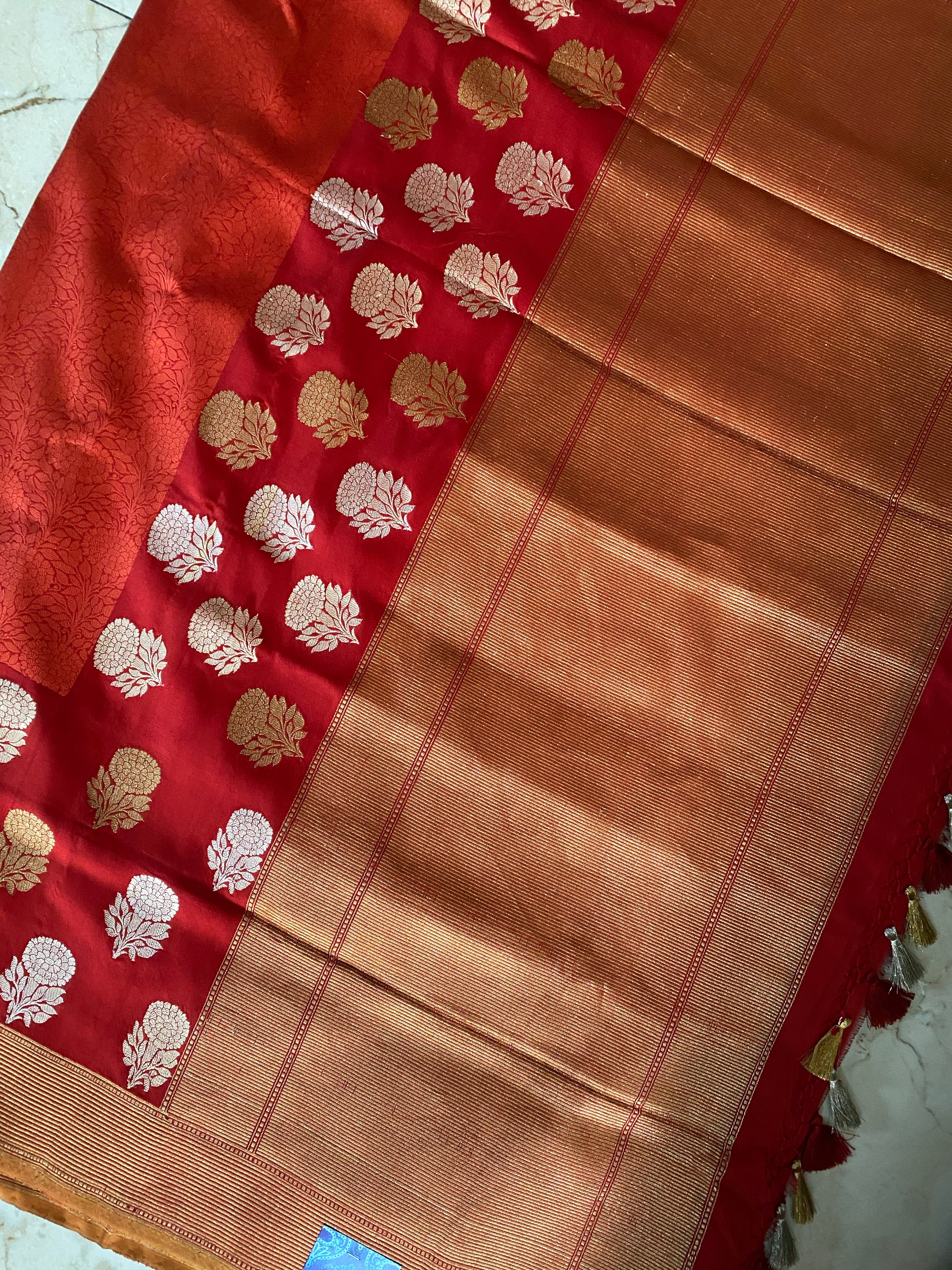 Pure Silk Tanchoi Banarasi - Reddish Rust Orange