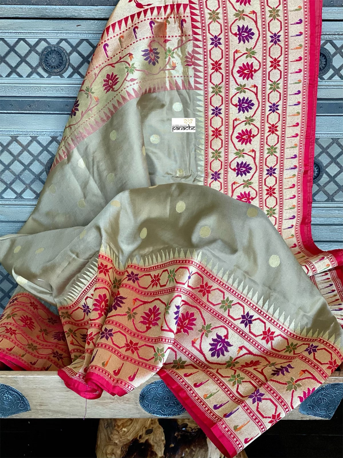 Pure Silk Katan Paithani Banarasi - Mocha Brown Red Yellow Kadhwa