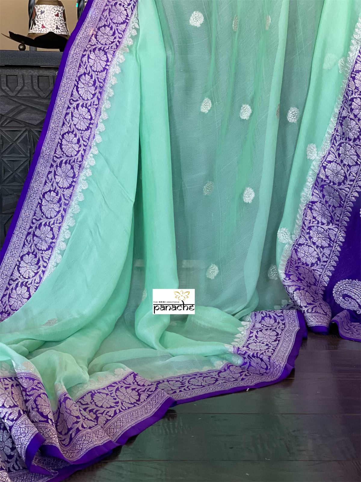 Chiffon Georgette Silk Banarasi - Mint Green Purple Silver Zari