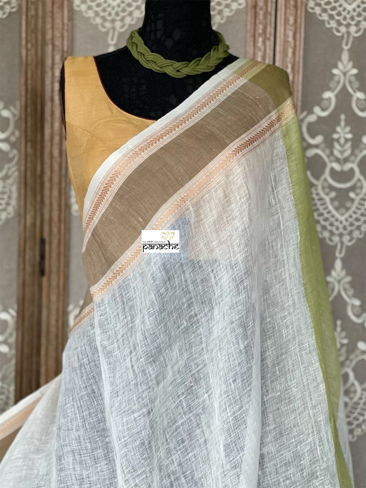 Linen Handloom - Off White Pista Green