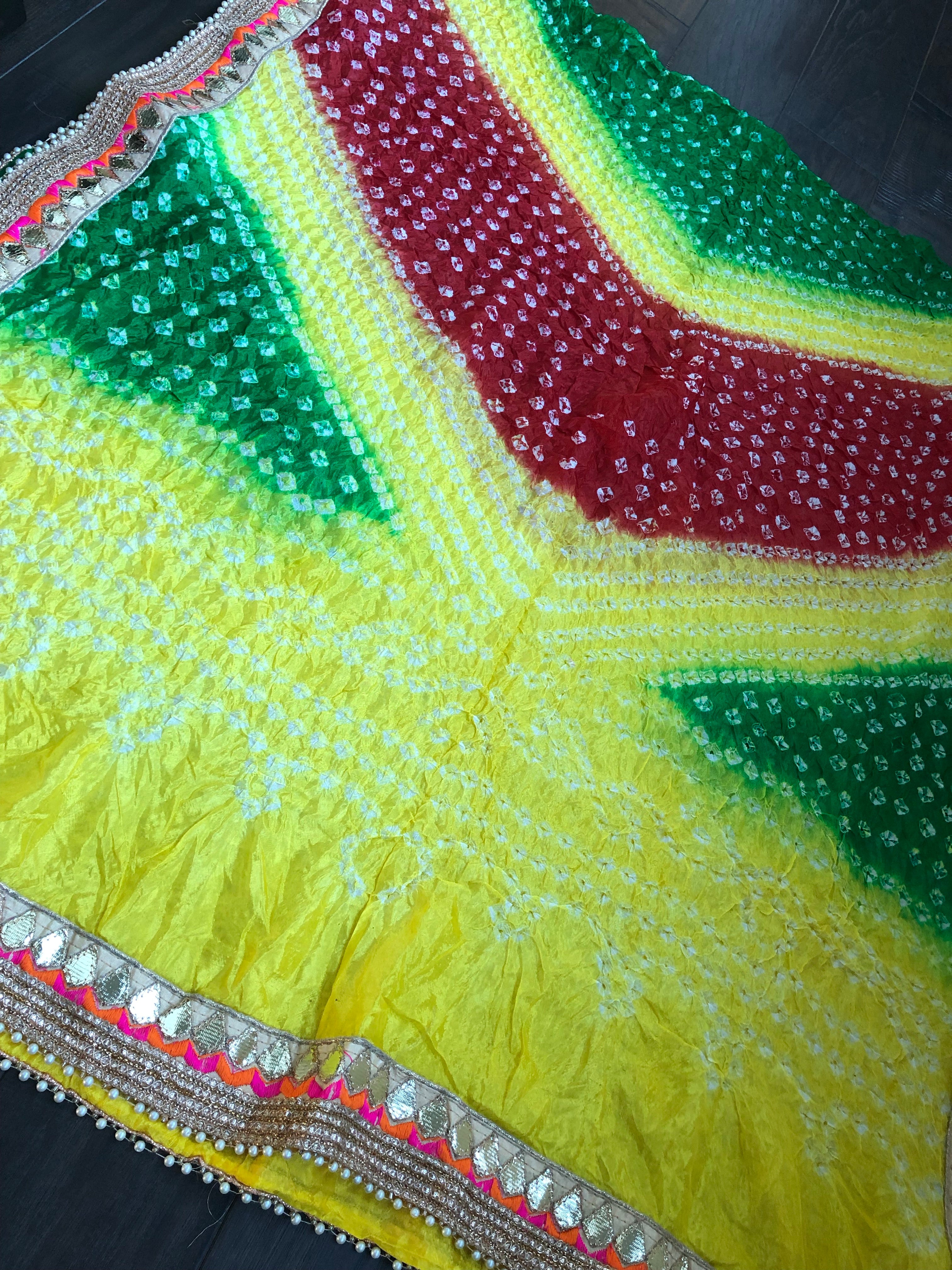 Bandhej Dupatta - Yellow Green Red