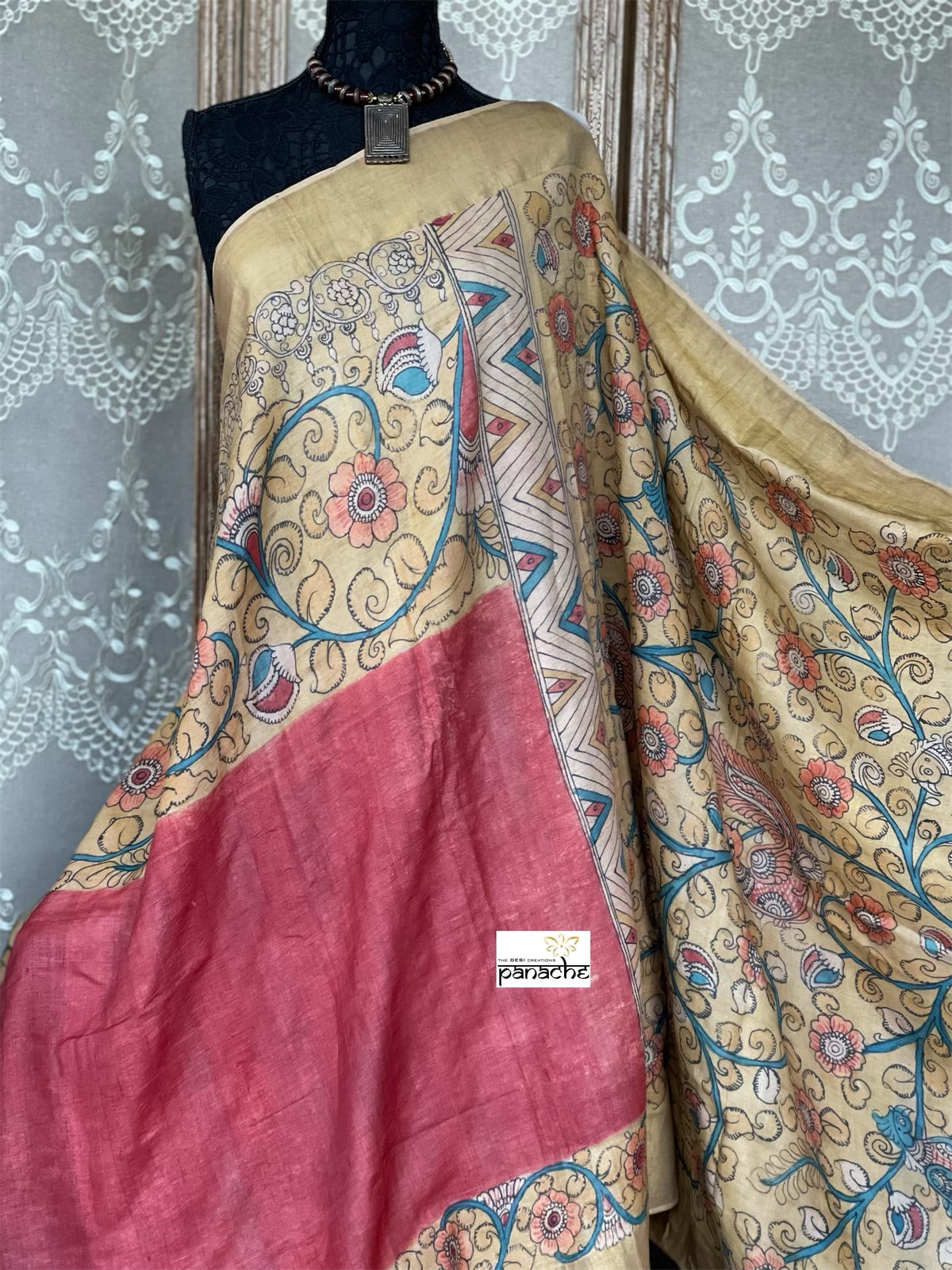 Pen Kalamkari Tussar Silk - Hand-painted Brick Red