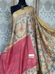 Pen Kalamkari Tussar Silk - Hand-painted Brick Red