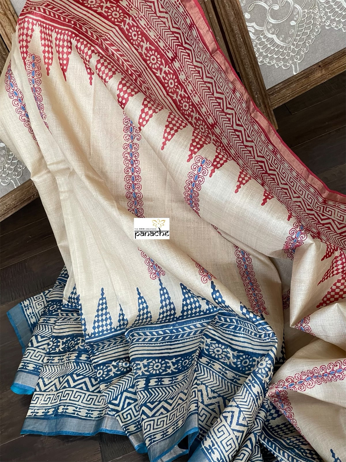 Printed Tussar Silk Kantha Stitch - Beige Blue Red