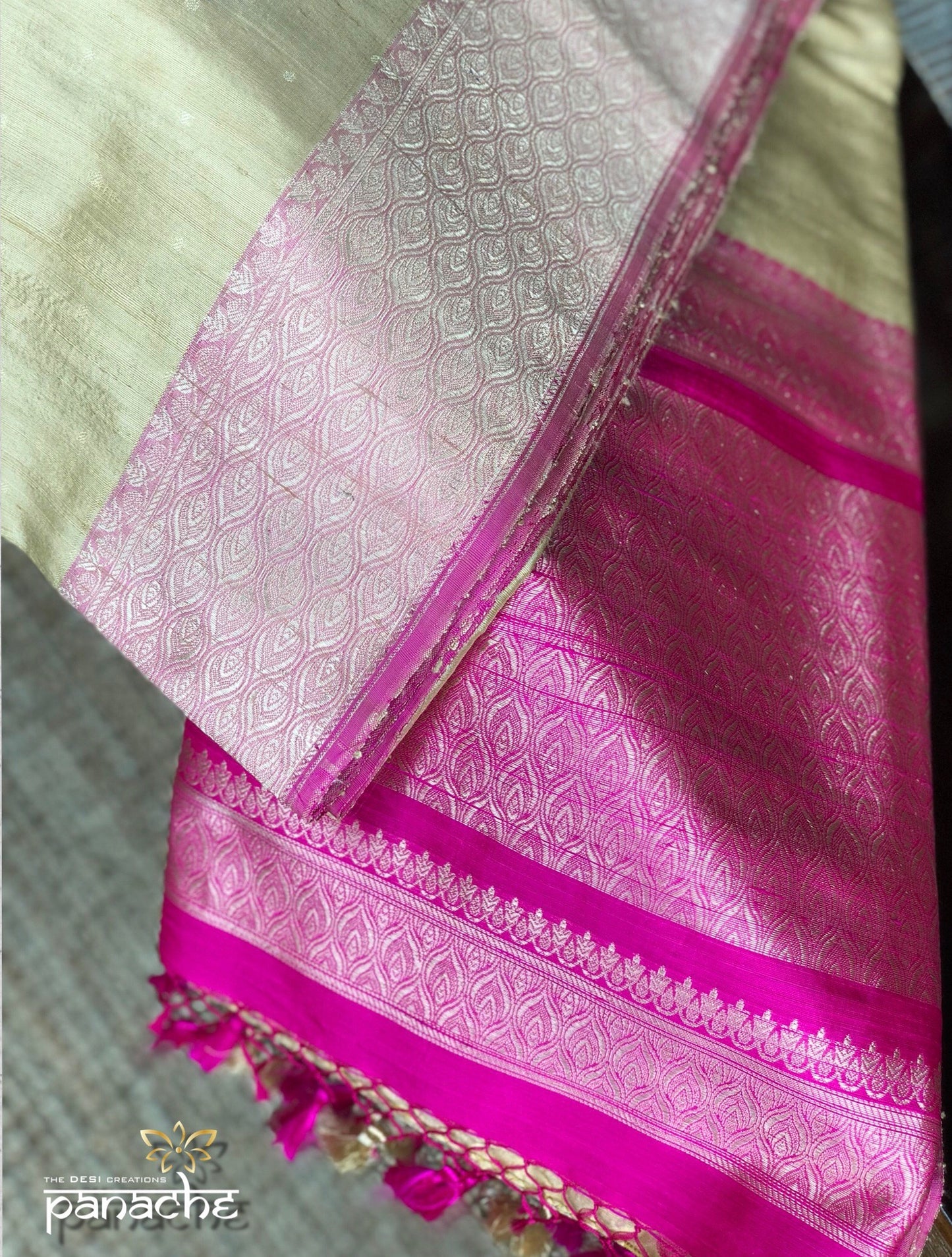 Tussar Silk Banarasi - Golden Beige Pink Small Zari Buti
