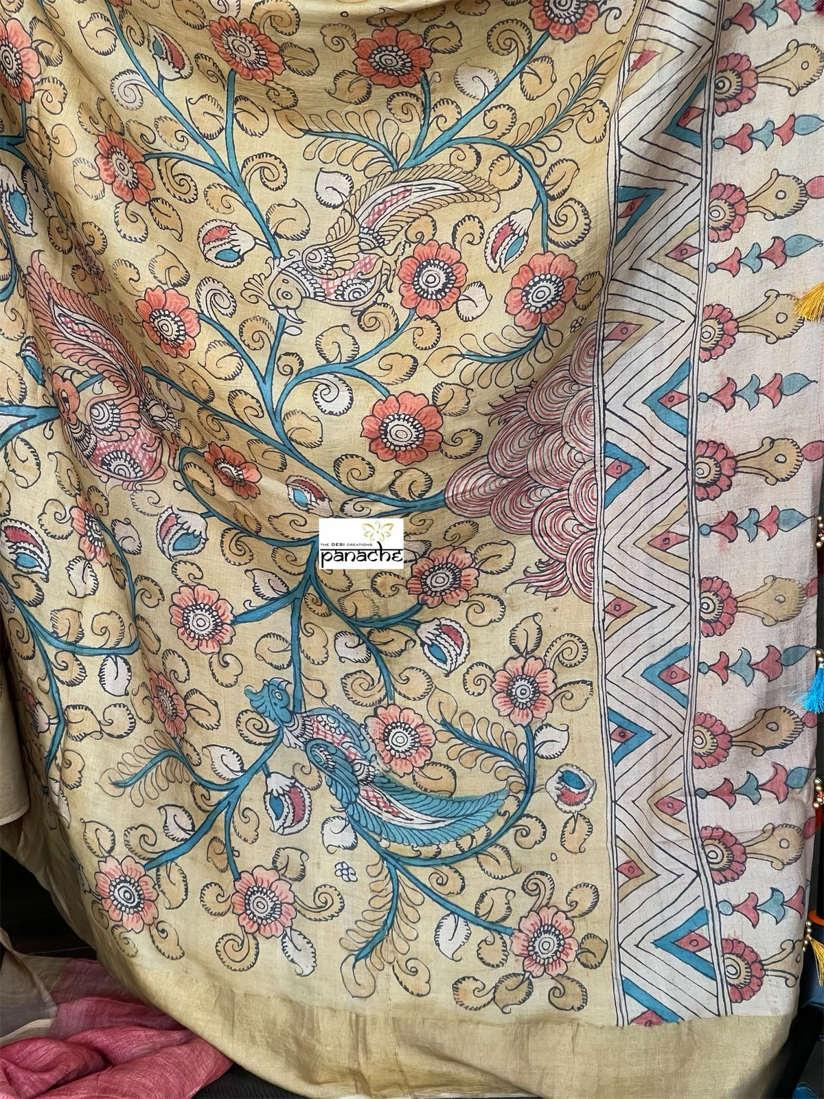 Pen Kalamkari Tussar Silk - Hand-painted Brick Red