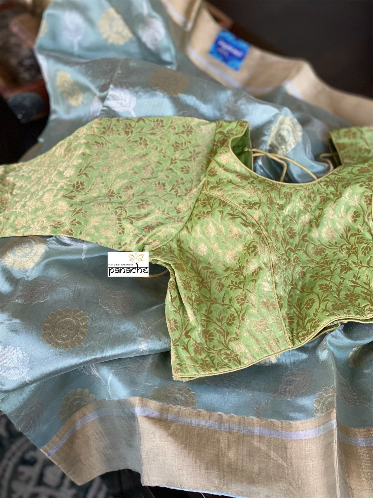 Pure Chanderi Katan Silk - Metallic Sea Green Jaal woven