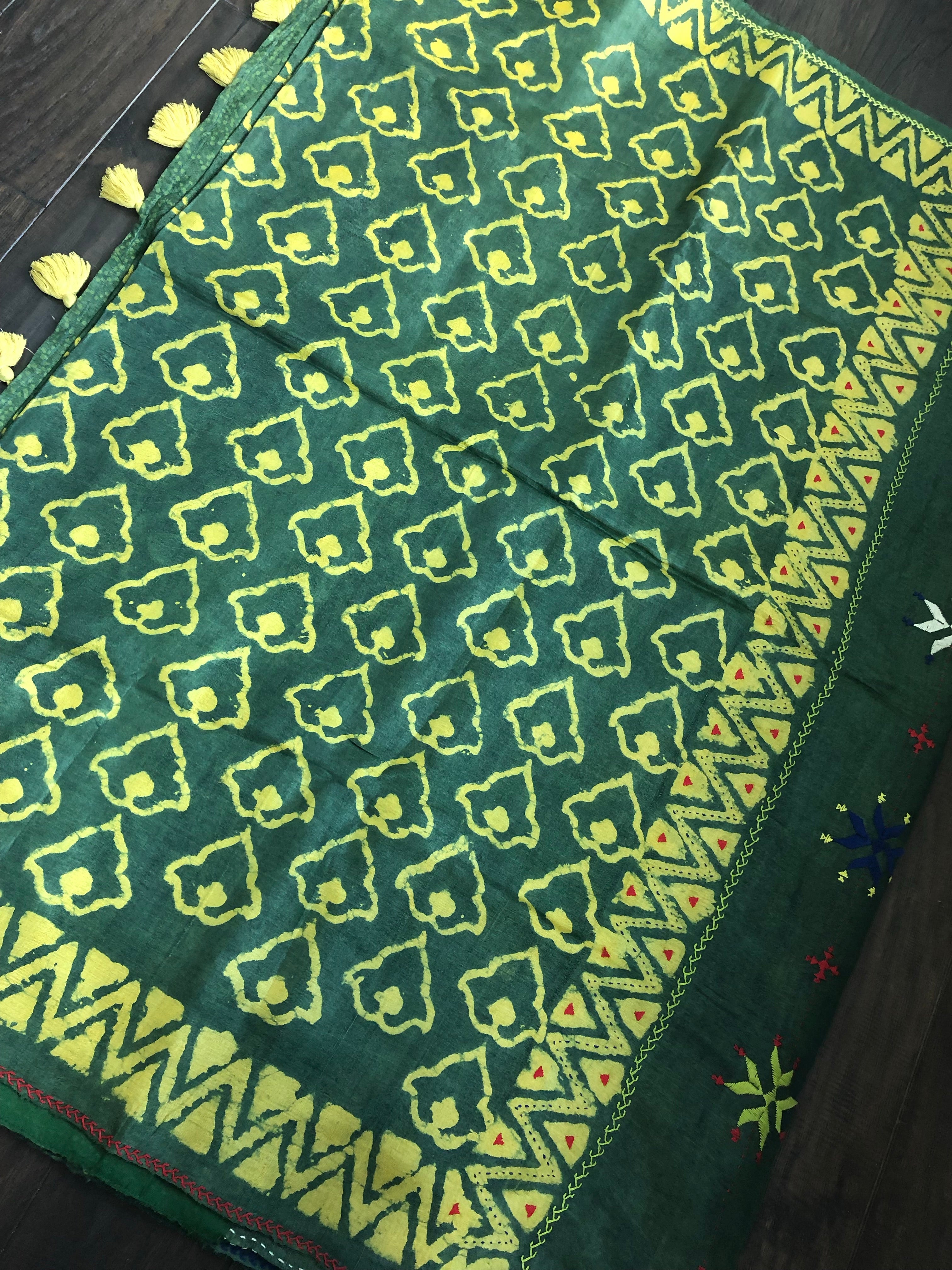 Pure Tussar Silk - Bottle Green Yellow Printed Kantha Stitch
