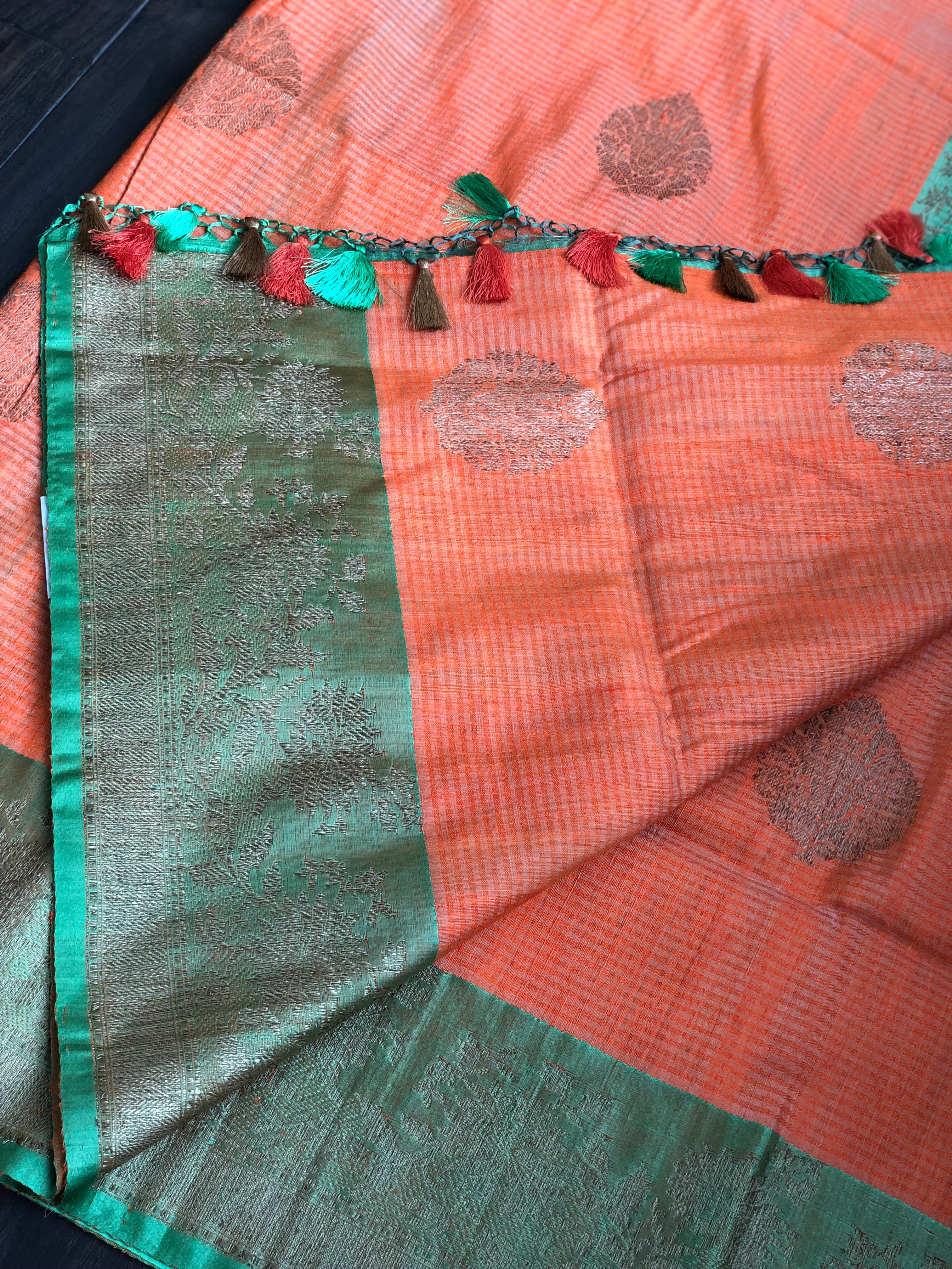Tussar Silk Banarsi - Orange Green