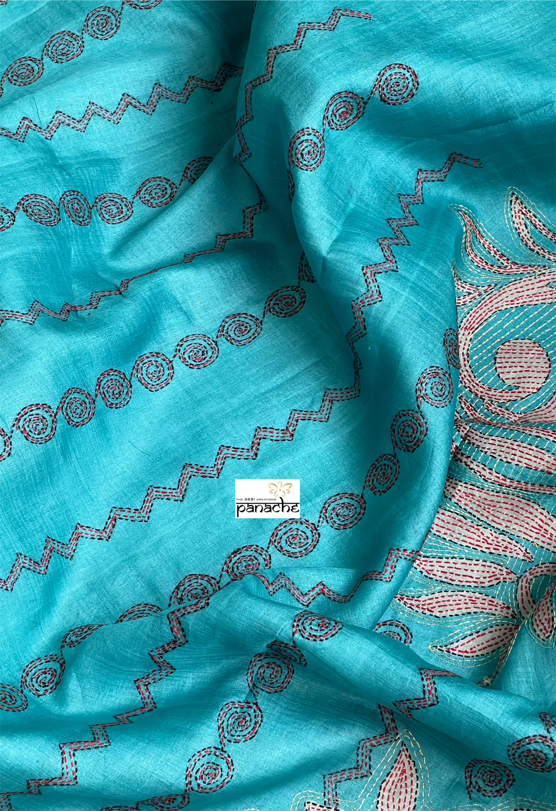Tussar Silk Kantha Stitch -  Firozi