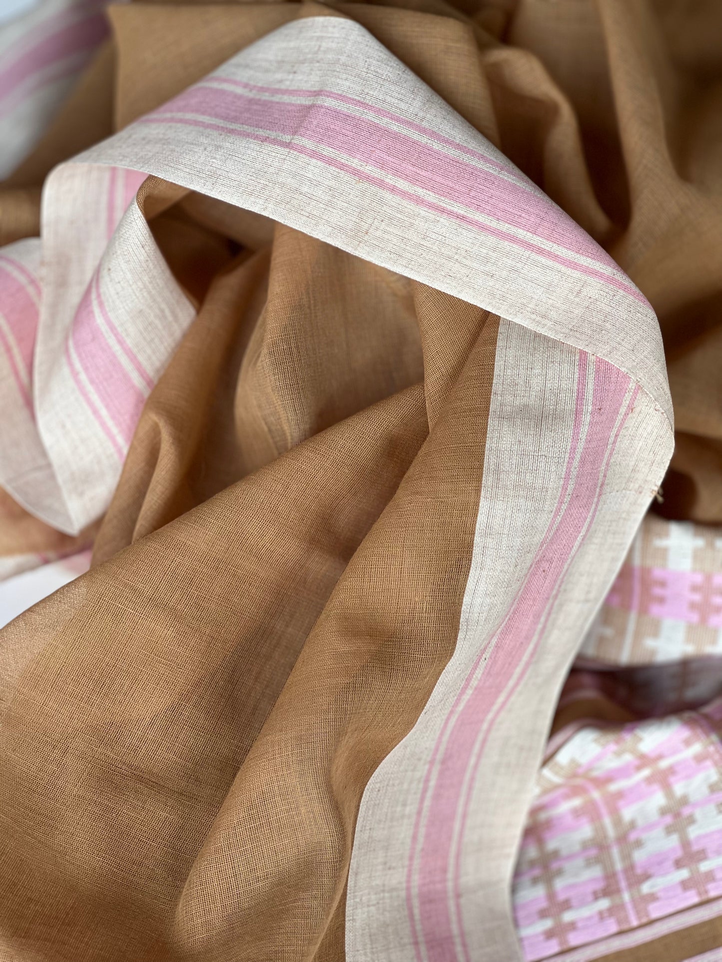Pure Khadi Cotton Handloom - Light Ochre Brown Pink Woven