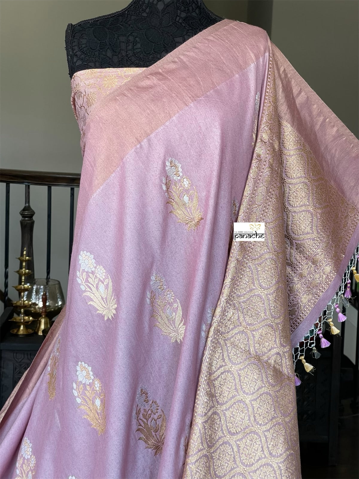 Muga Silk Banarasi - Mauve Pink Golden Silver Zari Meena