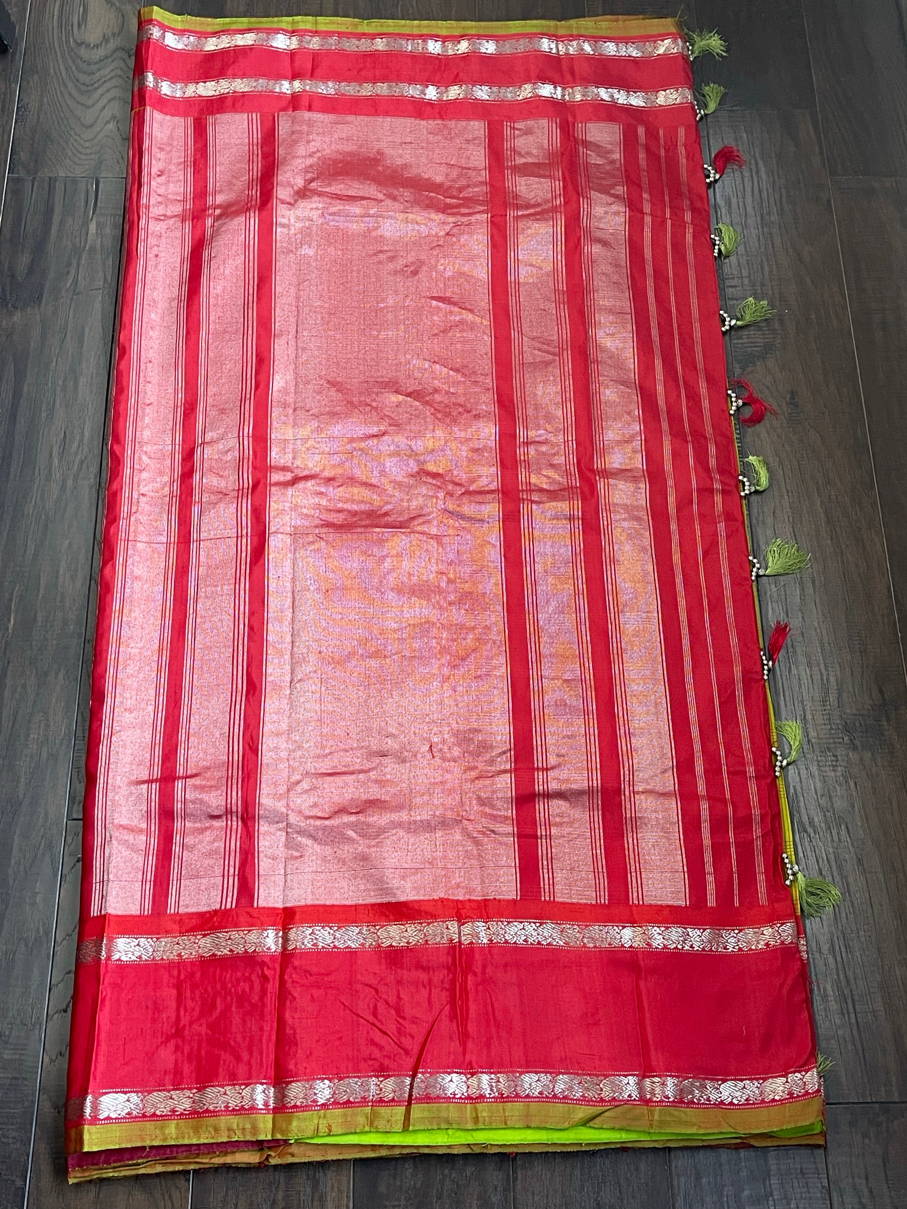 Silk Gadwal - Lime Green Red Checkered Golden Zari