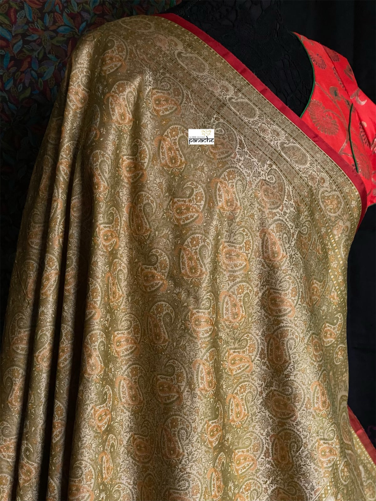 Pure Satin Silk Tanchoi Banarasi - Beige Grey Pista Green Kani Woven