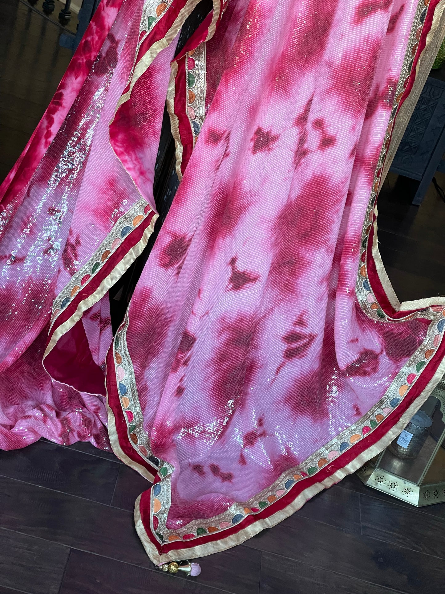 Designer Georgette Sequin Saree - Pink Raspberry red Tie Dye